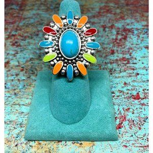 Bright western SUN Southwestern Colorful Turquoise Flower ring